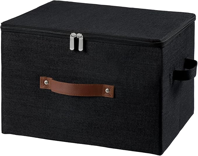 Storage Bins with Zipper Lid Foldable Fabric Lidded Storage Boxes Baskets Cubes Washable Collapsible PU Leather Handle Cotton Linen Fabric Shelf Closet Organizer Container(Black, Large Size)