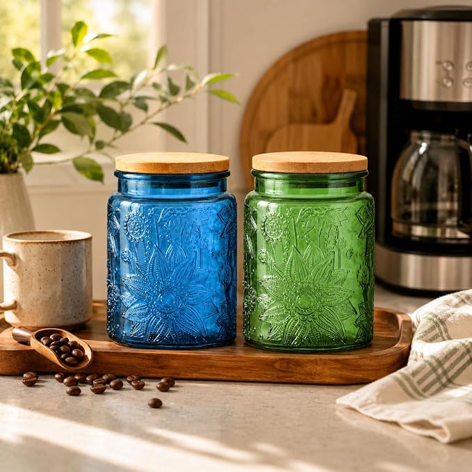 Set of 2 Vintage Glass Canisters with Bamboo Lids, 23.7 oz Embossed Glass Storage Jars, Airtight Food Containers for Coffee Beans, Tea, Sugar, Cookies, Candy, Kitchen Counter Decor, Blue & Green