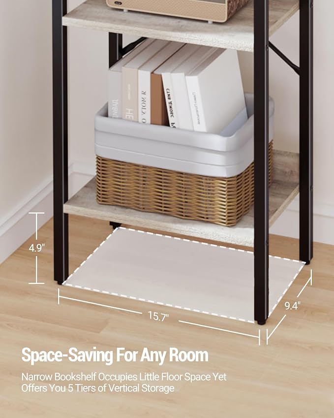 Hzuaneri Bookshelf, Book Shelf, Industrial Bookcase with 2 Hooks, Coner Shelf Storage Organizer for Home Office, Living Room, Bedroom, Kitchen, 5-Tier Greige BC10505B
