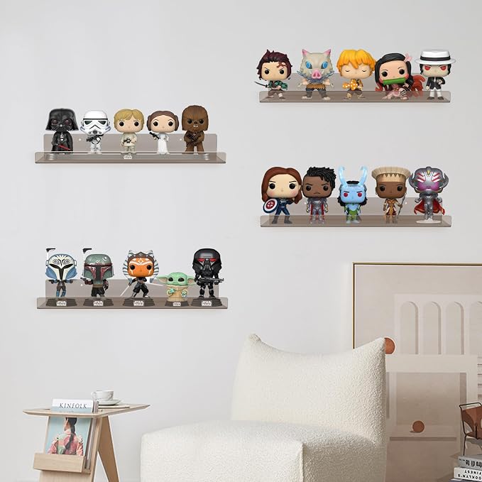 Dezzer 4 Pack Acrylic Shelves for Wall, 15" Acrylic Floating Shelves for Bathroom Bedroom, Invisible Bookshelf Wall Ledge Storage Shelf Books Perfume Toys Action Figure Display Shelves, Clear Gray