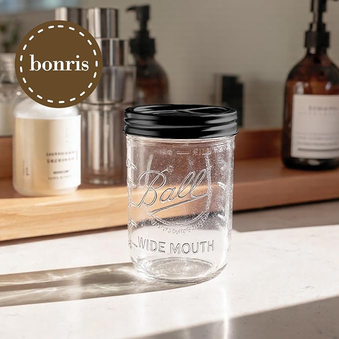 2Pcs Mason Jar Toothbrush Holder 16oz Glass with Rustproof Stainless Steel - Farmhouse Décor Bathroom Toothbrush Holder（Black）