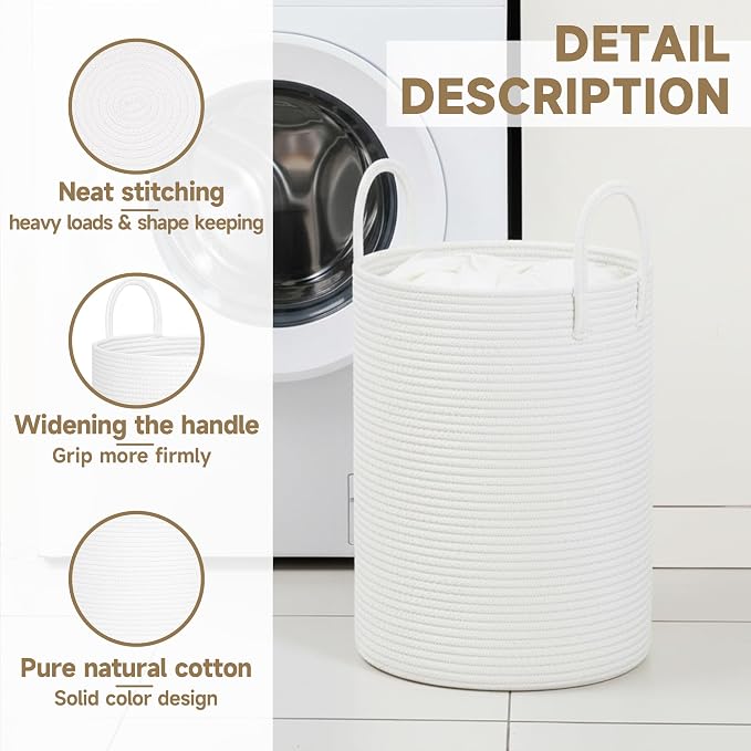 CLHMILY&Z Laundry Hamper Round Storage Rope Basket (White, 60L)