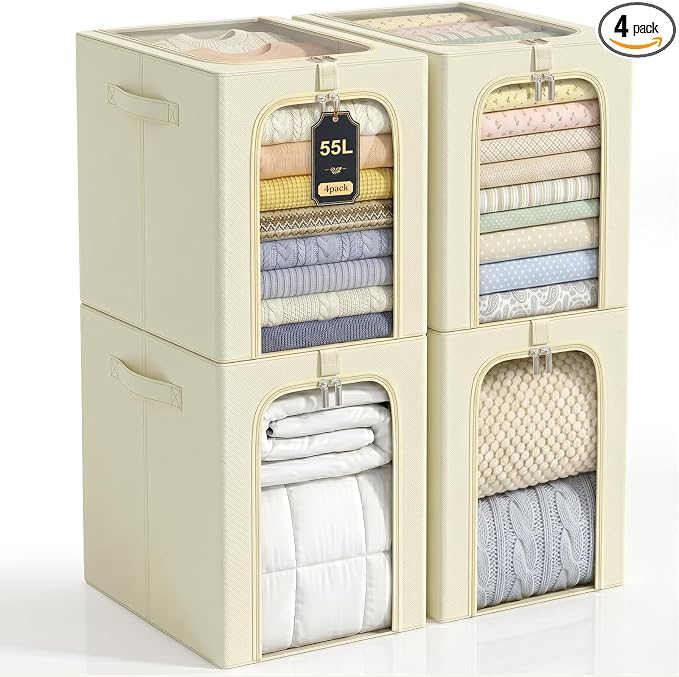 GoMaihe Clothes Storage Bins with Metal Frame, 55L Blanket Storage Boxes for Above Shelf Closet, 4 Pack Stackable Clothing Storage Organizer with Clear Window for Bedding Sweaters Comforters – Beige