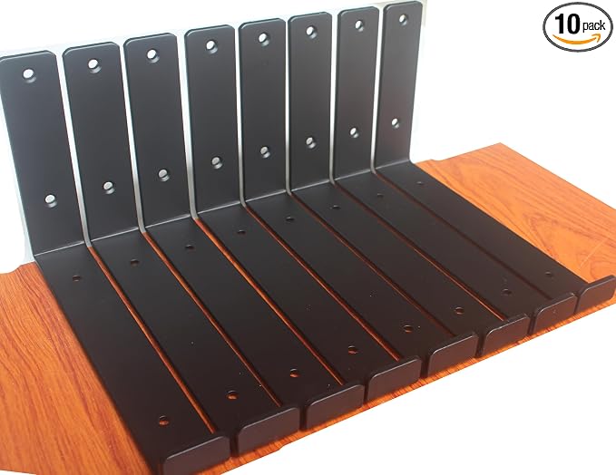 10 Pack - 9.25" L x 6" H x 1.5" W J Lip Shelf Brackets Rustic Farmhouse Iron Wall Floating Shelf Bracket Metal Shelf Bracket Industrial Shelf Supports with Screws Black