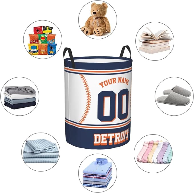 Custom Detroit Laundry Hamper Personalized Laundry Basket Customized Name And Number Collapsible Storage Basket for Bedroom Bathroom Living Room Baseball Fan Gifts