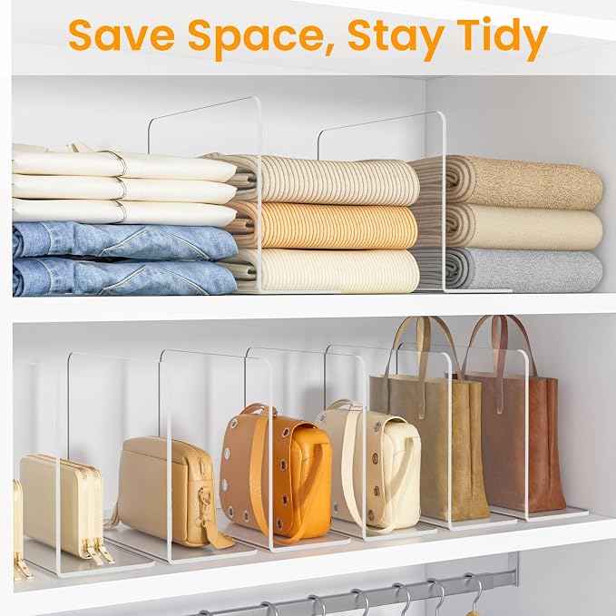 Shelf Dividers for Closet Organization – Acrylic Clear Sturdy Dividers to Keep Clothes, Sweaters & Purses Upright, Free-Standing for Wood Shelves, 10" Tall x 12" Deep, 12 Pack