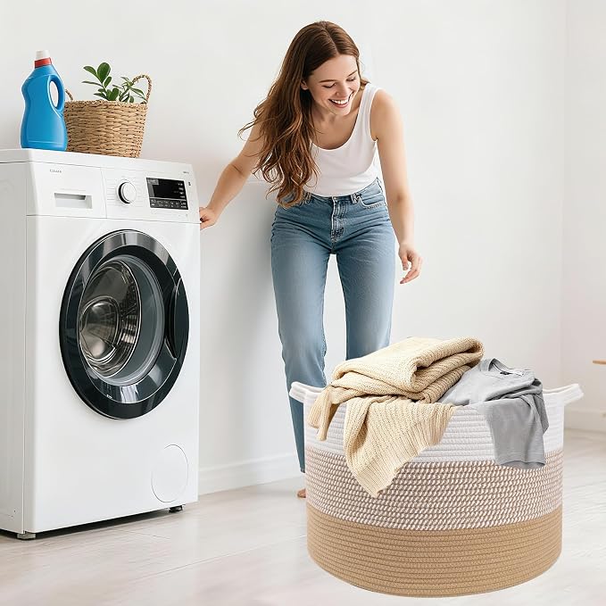 65L Large Blanket Basket, 19.7" L x 19.7" W x 13" H Cotton Rope Woven Storage Basket,Laundry Hamper for Toys, Clothes, Pillows & Towels, Perfect for Living Room, Nursery & Bedroom,Yellow