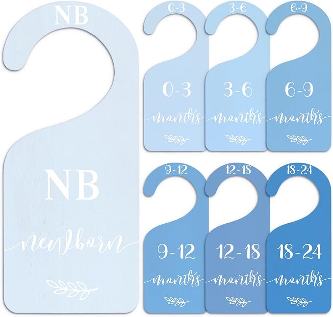 Whaline 7 Pcs Blue Wood Baby Closet Size Dividers with Velvet Bag Newborn to 24 Month Thicken Infant Wardrobe Hanger Organizers for Home Nursery Party Favors Supplies