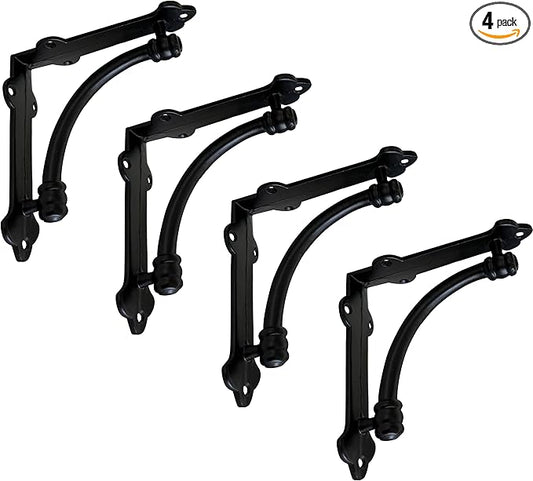 NACH Decorative Shelf Brackets, 4 Pack of 5.25 x 1.25 x 5.25 inch Black Cast Iron Shelf Brackets - Decorative Brackets for Mounting - Industrial Style Brackets