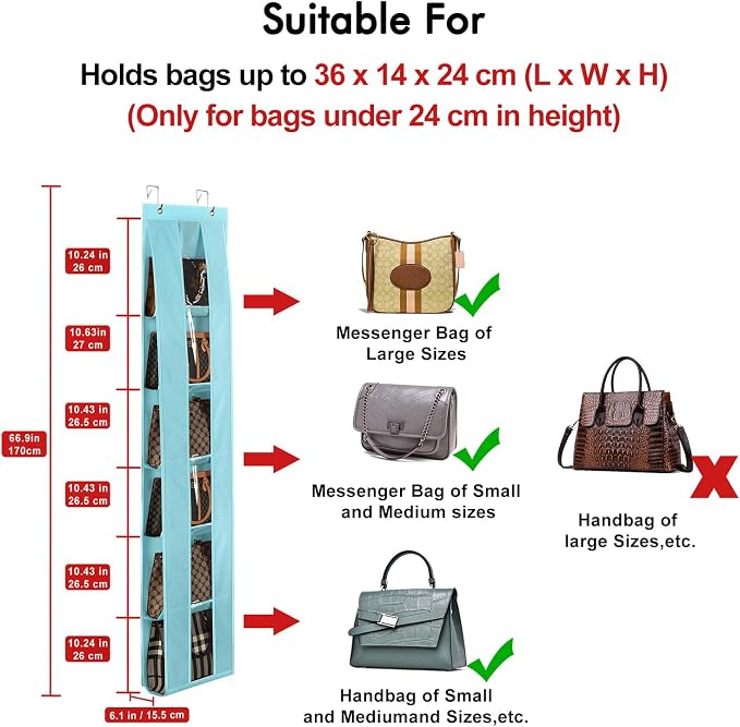 Lirex Over the Door Organizer, 2 Pack Handbag Storage with 6-Tier Space-Saving for Door or Closet, Handbag Hanger, Light Blue