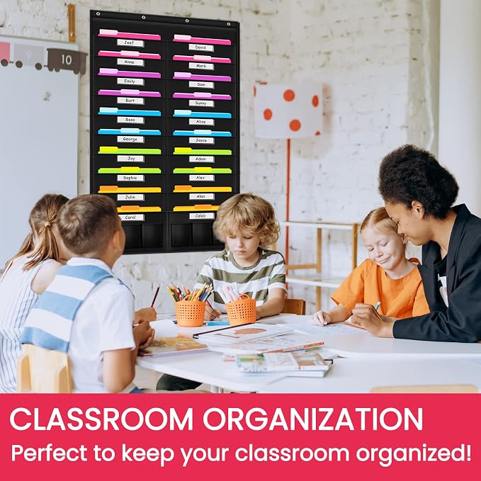 Heavy Duty Storage Pocket Chart for Classroom and Office, Clear Storage Pocket Chart for Files Folder (20+6 Pockets & Nametag)