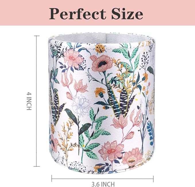 Large Capacity Floral Pen Holder for Desk, Leather Pencil Holder Pen Cup Marker Holder Makeup Brush Holder, Desk Accessories & Workspace Organizers for Home, Office, White Flower