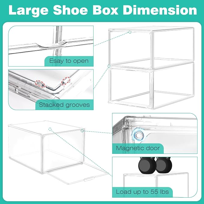 2 Pack Drop-Front Clear Shoe Storage Box Acrylic Box Shoe Organizer Size 13, Stackable Shoe Tower with Magnetic Door Large Storage Bins for Sneaker Containers Display & Closet Organization