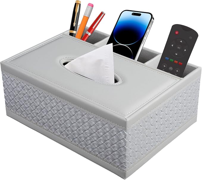 Tissue Box Cover Rectangle White Kleenex Box Holder PU Leather Facial Tissue Organizer,Multifunctional Remote Control Stationery Storage Box,Home Office Supplies Car Napkin Caddy