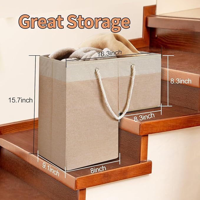 Stair Basket for Stairs with Handle, Staircase Baskets for Carpeted and Wooden Stairs,16" Step Storage Basket for Toys, Clothes, Books, Tools, with Hard Board, Anti-slip (2, Beige)
