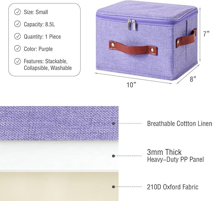 Storage Bin Box with Zippered Lid Cotton Linen Fabric Decorative Basket with PU Leather Handles PP Plastic Board Foldable Lidded Clothing Shelf Closet Organizer Container (Purple, Small)