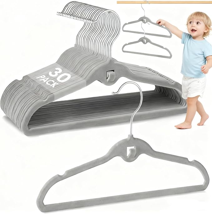 Baby Velvet Stackable Hangers 30 Pack, 11 Inches Gray Kids Clothes Hanger for Closet, Non Slip Toddler Infant Hangers for Nursery, Thin Space Saving Children Felt Hanger with 360° Swivel Hooks