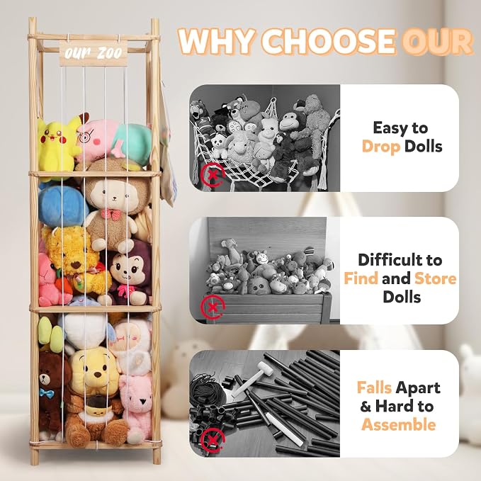 Stuffed Animal Storage Organizer, Large Wooden Zoo Toy Holder with Pockets, Plushie, Stuffy,Toy Storage for Kids Room, Playroom, Bedroom(Natural Large)