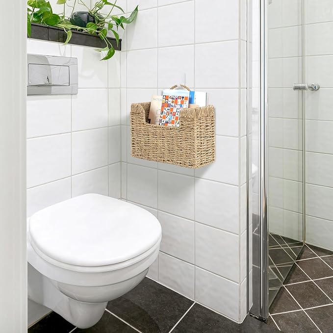 Handwoven Seagrass Wall Magazine Holder - Natural Hanging Organizer for Mail, Newspapers & Magazines, Books & Files - Decorative Boho Storage Basket for Entryway, Bathroom, Living Room, Office.