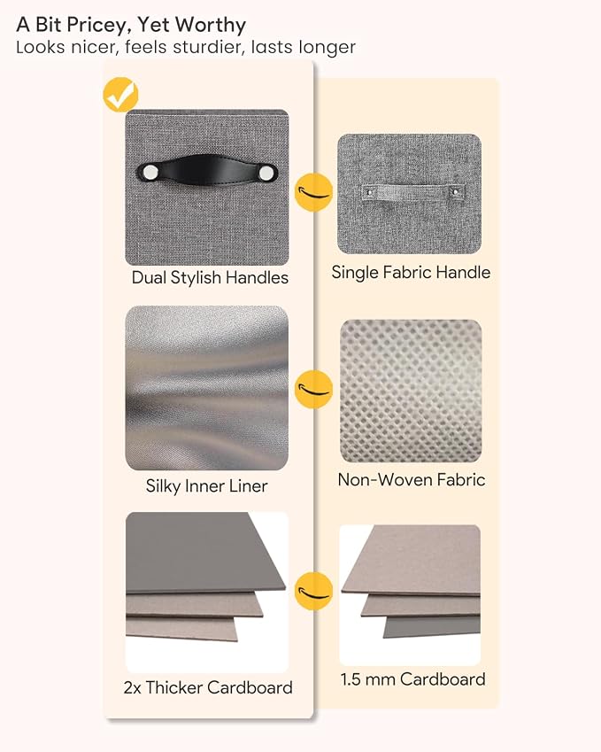 Cube Storage Bins | 13"x15"x13", Dim Gray, 4 Pack | Multi-Size | 2X Thick Support Board | Vegan Leather Handles | 7.7 oz/yd² Fabric | Drawer Insert Basket Fits KALLAX