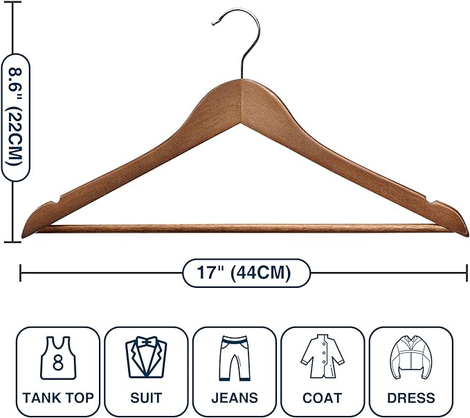 Wood Hangers - 60 Pack Solid Shirt Hangers, Heavy Duty & Slim Wooden Hangers, for Suit, Coat, Jacket, Pants (Walnut)