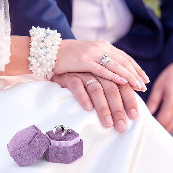 DesignSter Hexagon Velvet Ring Bearer Box - Premium Gorgeous Vintage Double Ring Display Holder with Detachable Lid for Proposal, Engagement, Wedding, Ceremony (Lavender purple)