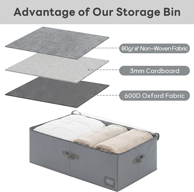 10" High Capacity Under Bed Storage Bins (3-Pack, Grey), Deep 600D Heavy Duty Oxford Fabric Storage Box for King Size Comforters, Pillows & Large Blankets