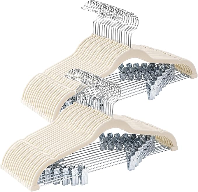 48-Pack Beige Velvet Hangers with Clips Adjustable,Adult Hangers,Heavy-Duty,Felt,Non-Slip,Space Saving,Slim Outfit Hanger for Pants, Skirts, Suits,Coats, Dresses ect.