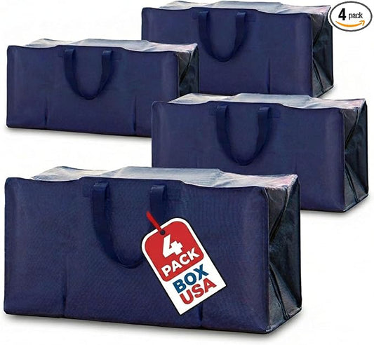 BOX USA 4-Pack Moving Bags with Strong Handles & Zippers - Heavy Duty Extra Large Packing Bags for Storage, Moving Boxes, Dorm & College Supplies, Blue