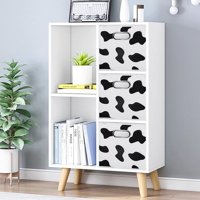 ANMINY Cow Print Cube Storage Bins with Handles, Washable, Collapsible | Cotton Linen Fabric, PP Plastic Board, Animal Print Decor, Storage Basket for Closet Shelf, 11 x 11 x 11 Inch, 6PCS