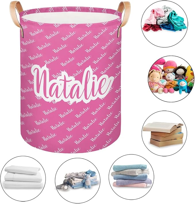 Personalized Laundry Basket, Custom Gift Laundry Hamper, Collapsible Nursery Waterproof Laundry Baskets, Dirty Clothes Toy Hamper with Handles Pink Name