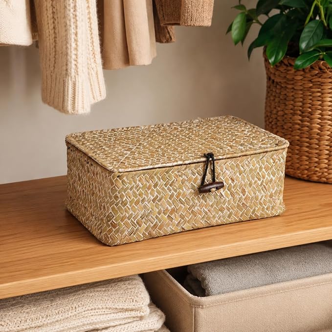 Wicker Basket with Lid, Natural Seagrass Storage Baskets for Organizing, Woven Basket for Storage, Decorative Boxes Bins with Lids Home Organizer Decor (Whitewash, 9.05" x 5.11" x 3.34")