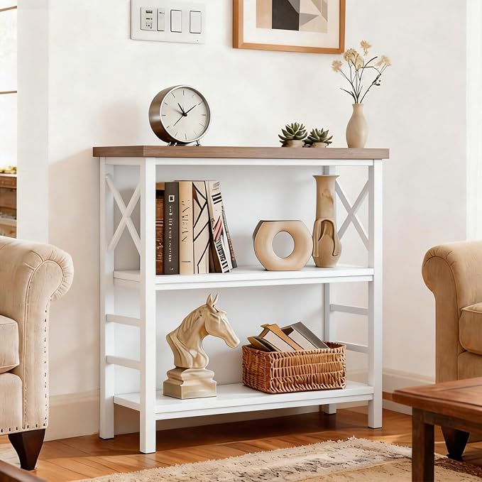 MNEETRUNG Book Shelf, Small 3-Tier Industrial Bookshelf with Strong Metal Frame & Backboard, 29.5" Short Bookcase for Small Spaces, Living Room, Bedroom and Home Office, White