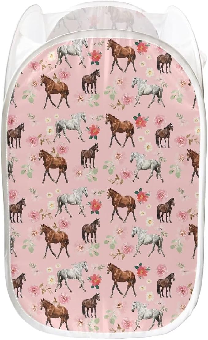 AFPANQZ Mesh Pop-Up Laundry Hampers Collapsible Clothes Basket with Side Pocket, Horse Floral Pink Foldable Save Place Steel Frame and Easy to Fold 61L, 13.5x13.5x21 inches
