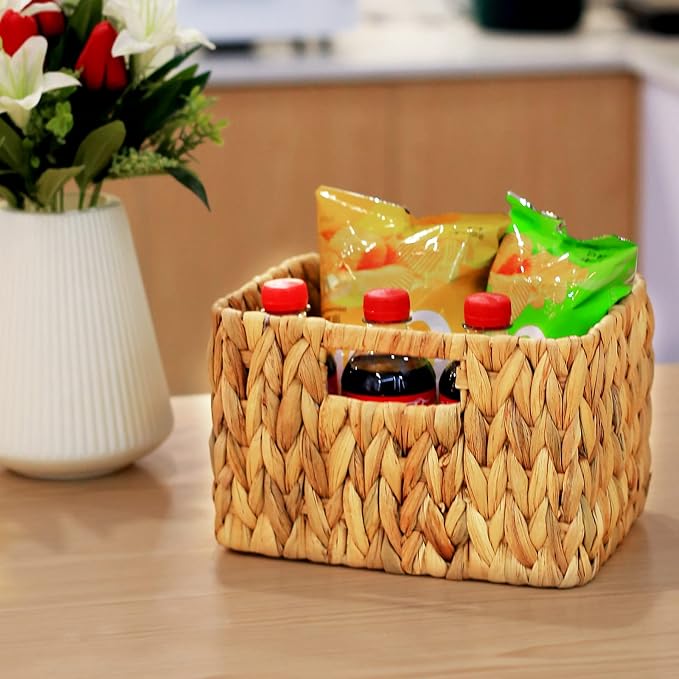 HOONEX Water Hyacinth Storage Baskets, Wicker Baskets for Storage, Hand Woven Baskets with Carry Handles, Set of 3, Natural