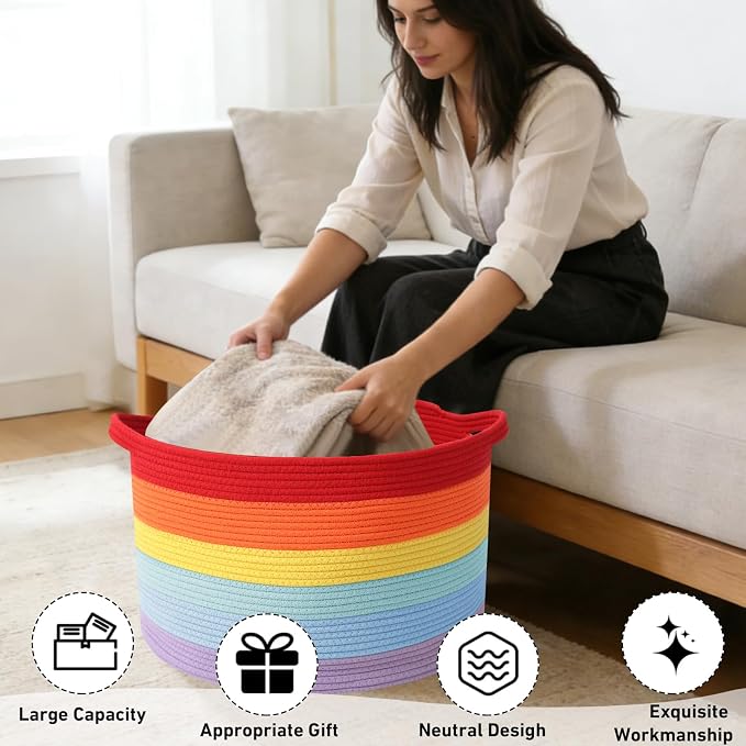 65L Large Blanket Basket,19.7" L x 19.7" W x 13" H Rope Woven Baskets with Handles, Toys Storage Bins,Laundry Basket Perfect for Living Room, Nursery,Bedroom,Home Organization,Rainbow