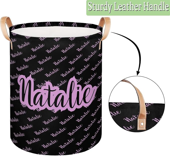 Personalized Laundry Basket, Custom Gift Laundry Hamper, Collapsible Nursery Waterproof Laundry Baskets, Dirty Clothes Toy Hamper with Handles Name Text Black Light Purple