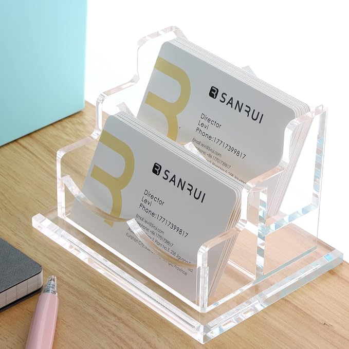 SANRUI Clear Horizontal Business Card Holder Stand for Desk, Acrylic Desktop Display Name Cards Holders Organizer Storage Rack,for Exhibition, Home, Office,2 Tier 2 Pocket, 120 Card Capacity
