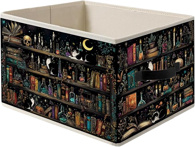 Witchy Gothic Tuxedo Cat Book Storage Bin Box with Handles, Book Reading Lover Decor and Gifts, Dark Academia Bookshelf Foldable Organizer Basket Toybox for Reading Room Library Home Books