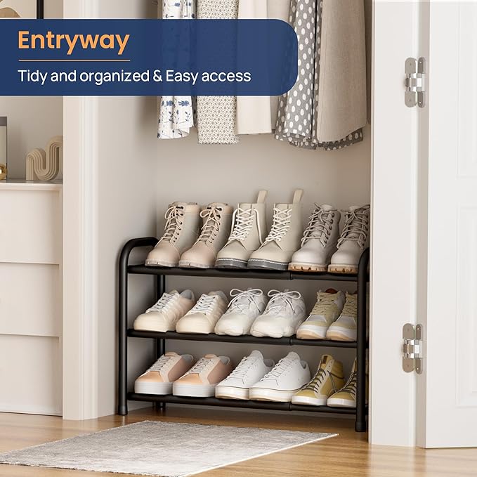 ENJOYBASICS 3 Tier Expandable Shoe Rack for Closet, Free Standing Metal Shoe Shelf Storage Organizer Holder 12 Pairs, Adjustable Width Shoe Rack for Entryway Small Space, Black