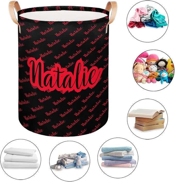 Personalized Laundry Basket, Custom Gift Laundry Hamper, Collapsible Nursery Waterproof Laundry Baskets, Dirty Clothes Toy Hamper with Handles Name Black Red