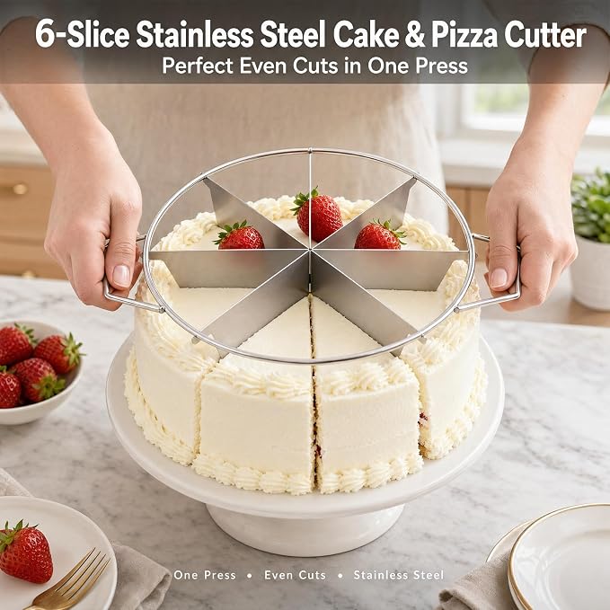 CTESNE【Non Stick Cake Cutter】6-Piece Stainless Steel Cake Cutter, Pie Cutter with Side Handles, Cake Slicer for Even Slices,Kitchen Baking Tool (11" Diameter)