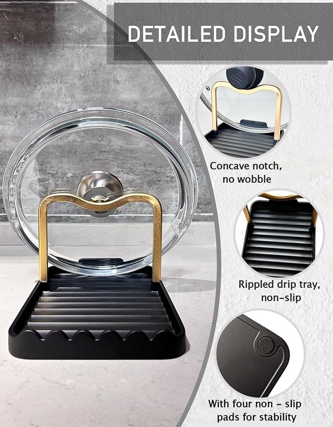 Anti-Rust Metal Spoon Rest with Lid Holder, Heat-Resistant Pot Lid Rest, Multifunctional Spatula Holder While Cooking for Stovetop and Kitchen Counter – Black Gold
