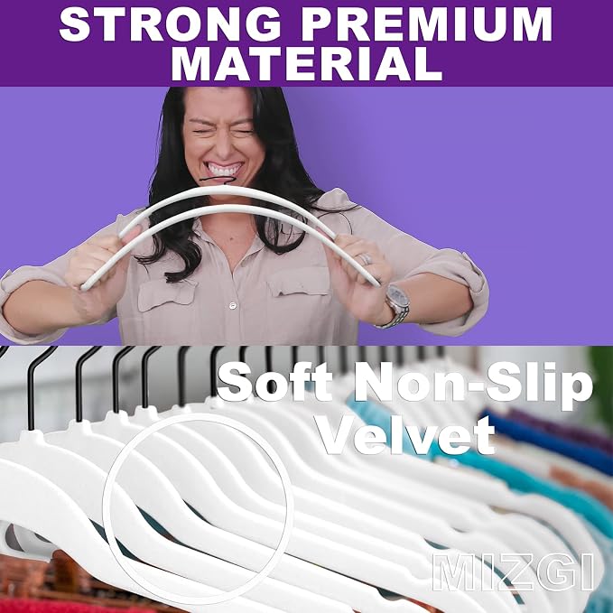 MIZGI Premium Velvet Hangers (50 Pack) - Heavy Duty Non Slip Velvet Suit Hangers - White & Black Coated Hooks, Space Saving