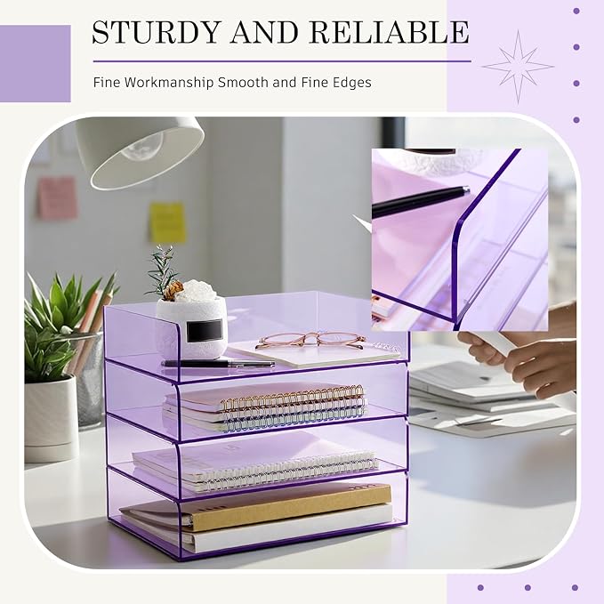 Harloon 4 Tier Clear Purple Acrylic Paper Organizer Letter Tray, Aesthetic Stackable Desk File Organizer Paper Holder Office Tray for A4, Modern Classroom Home Office File Pad Books Notes