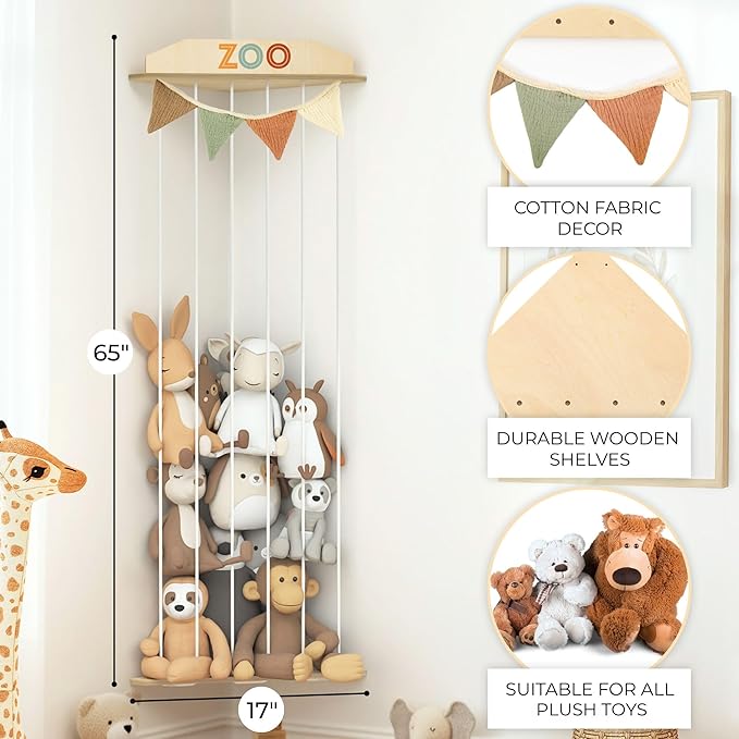 Stuffed Animal Storage Zoo with Decorative Muslin Garland - Cute Wooden Toy Storage Organizer for Kids Playroom or Nursery - Clever and Easy to Assemble Corner Wall Holder Maximizes Small Spaces