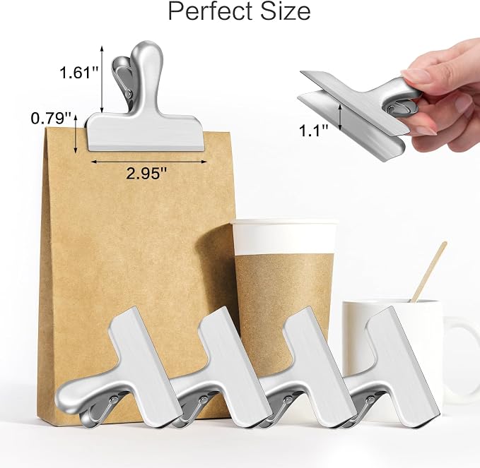 12 Pack Chip Clips, Stainless Steel Bag Clips & Food Clip, Heavy Duty Bag Clip for Food Storage, Air Tight Seal Perfect for Kitchen and Office Usage (Silver)