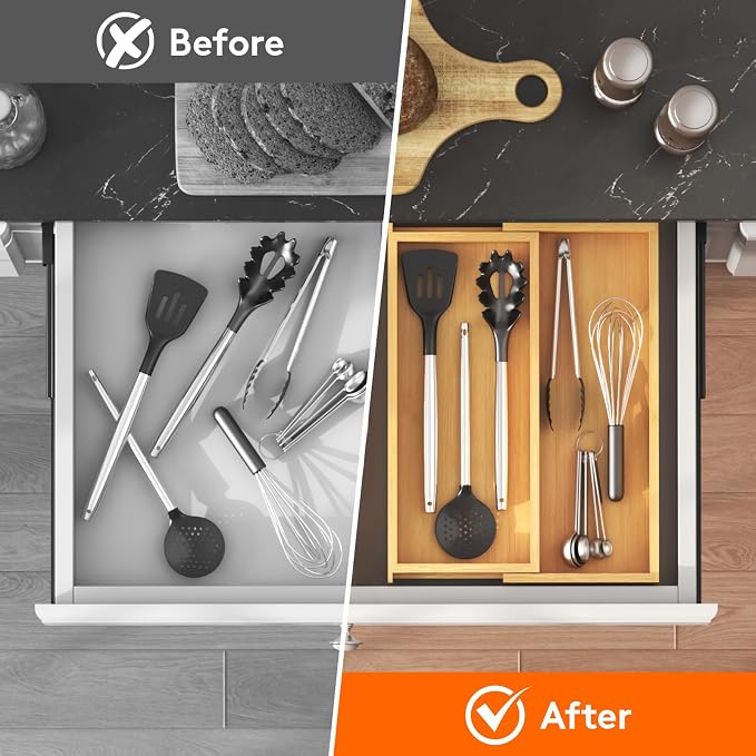 Lifewit Utensil Organizer for Kitchen Drawer, Expandable Cooking Utensil Tray, Cutlery Silverware Flatware Holder, Wood Adjustable Spatula Tools Storage Divider, 7-12 x 15.75", Natural