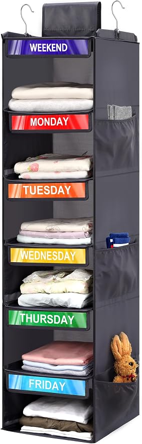 6-Shelf Weekly Clothes Organizer for Kids, Hanging Daily Closet Organization with 6 Side Pockets, Days of The Week Clothing Divider Storage for Boys and Girls (Grey)
