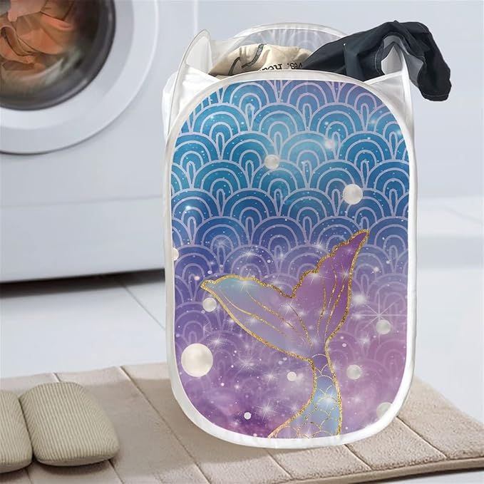 AFPANQZ Mermaid Mesh Popup Laundry Hampers Foldable Portable Dirty Clothes Basket Organizer Collapsible Hamper for Womens Bedroom College Dorm and Travel 61L